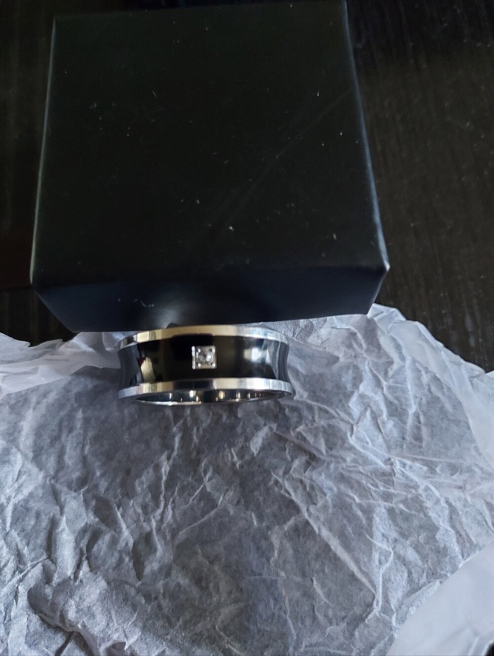 Avon Black and Silver Men's Ring with Square Crystal Accent